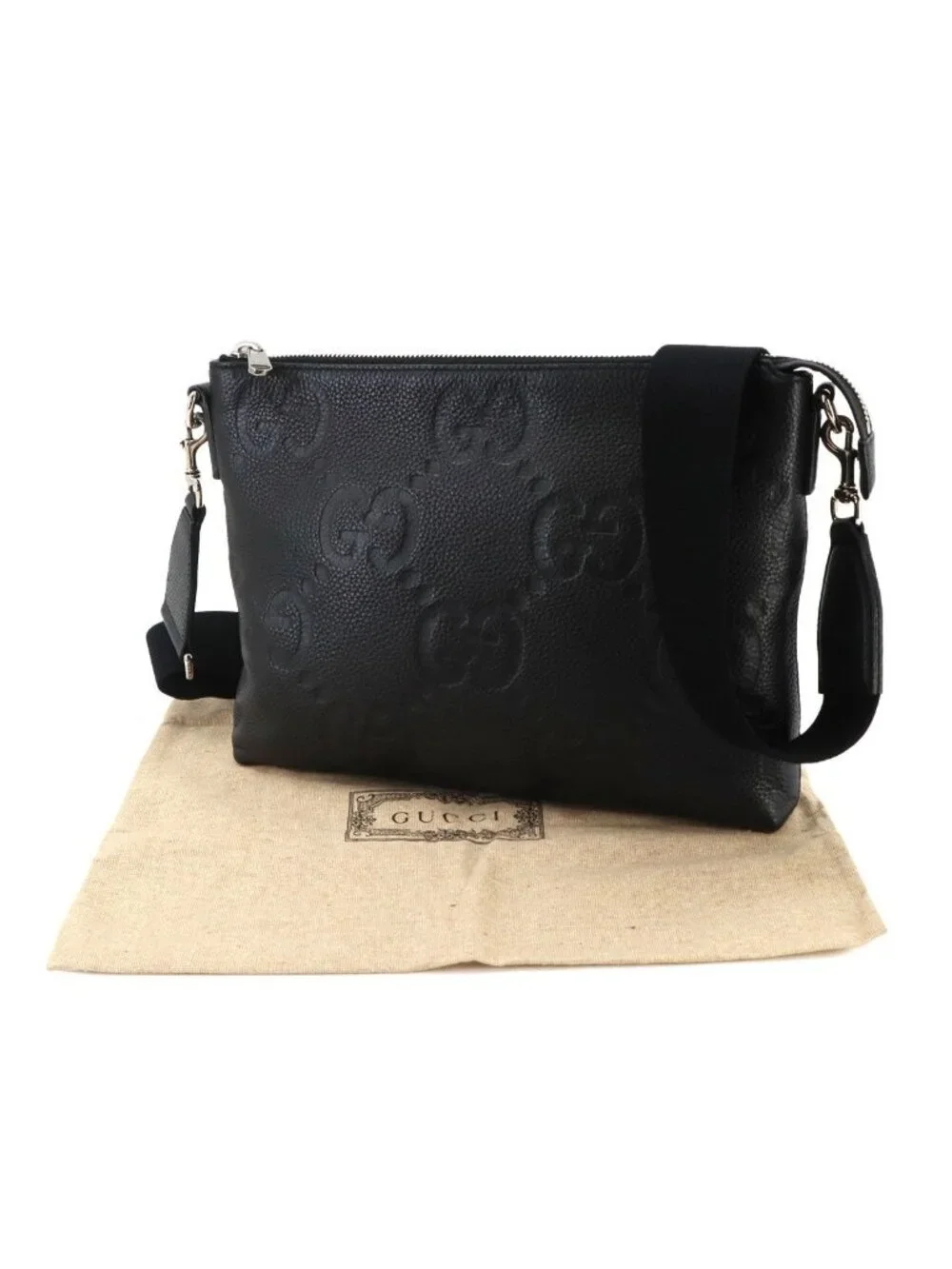 Gucci Jumbo GG Shoulder Bag Leather Black Silver